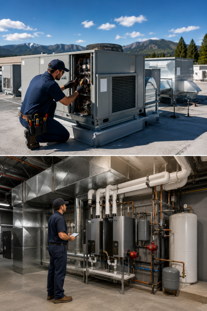 Commercial HVAC|Commercial Heating|Commercial Air Conditioning|Rooftop Units|HVAC Maintenance|Design Build HVAC|HVAC Retrofit|Hailey ID|Bellevue|Ketchum|Sun Valley